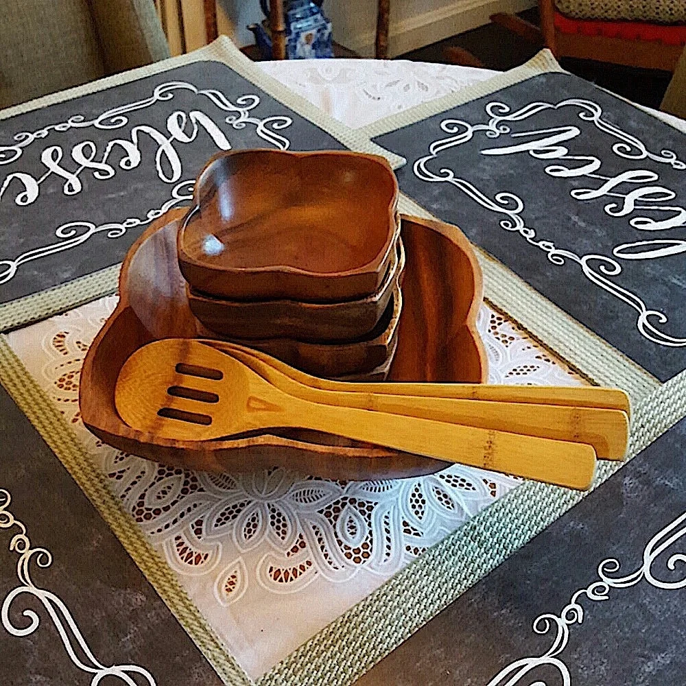 Vintage Set of 5 Monkey Pod Wood Salad Bowls